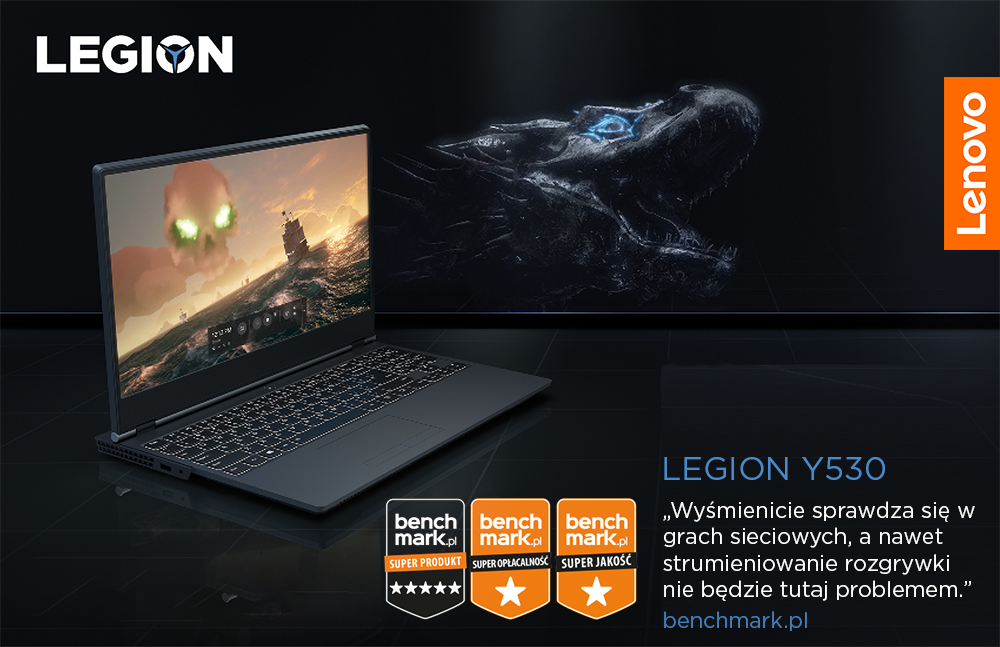 Super produkt⭐️, Super opłacalność⭐️, Super jakość⭐️. Aż trzy wyróżnienia otrzymał Lenovo Legion Y530 w teście benchmark.pl. 