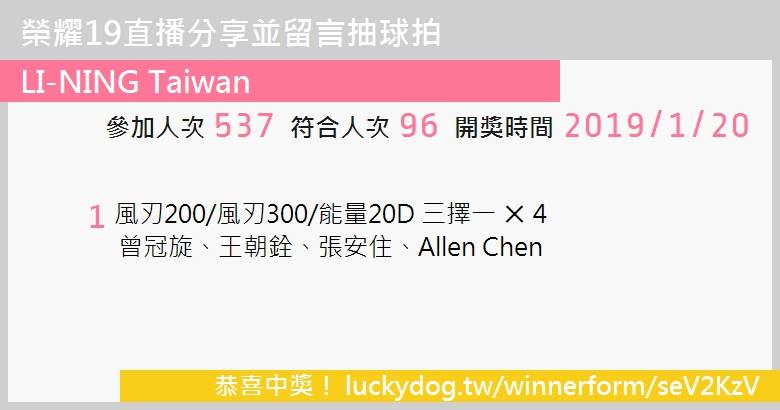 分享直播並留言抽球拍 恭喜四位幸運兒