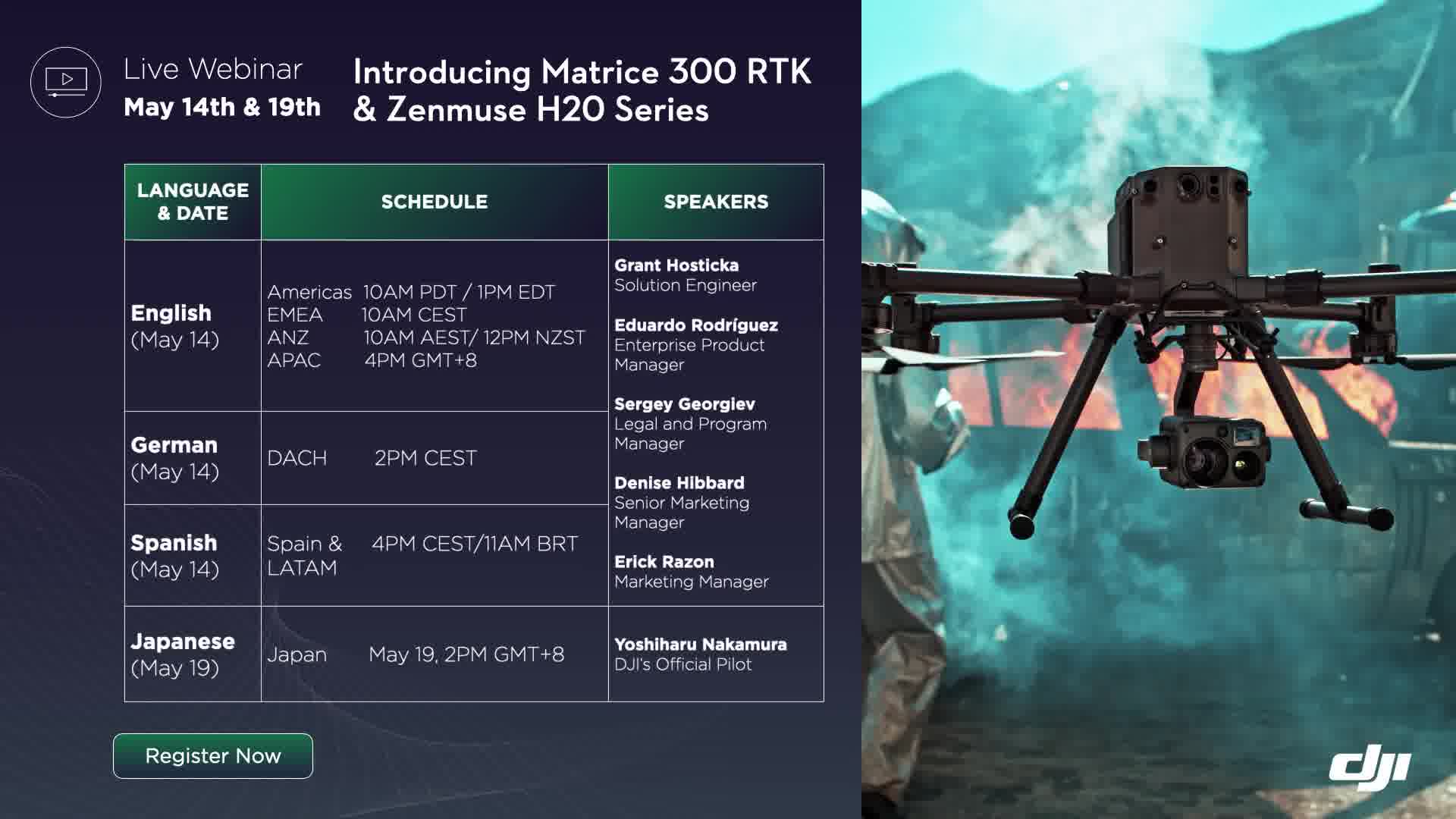 We are launching a series of webinars on May 14th to introduce the Matrice 300 RTK & Zenmuse H20 Series. 