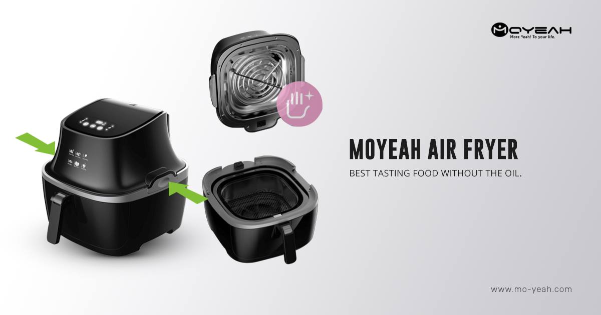 Moyeah Air fryer can be fry in a healthy way, it contains up to 75% less fat and tastes delicious compared with a normal fryer.