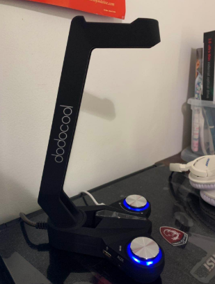 #Dodocool Headphone Stand with 7.1 surround sound takes very little space and doesn't have any balance issues. It has a rubber pad underneath so it won't slide around. 