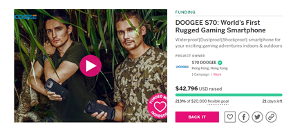 Hello Doogee fans, S70 has raised $42,796 in Indiegogo, which is 213% of the pledged goal. 