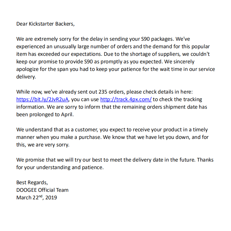 Dear Kickstarter Backers, we are extremely sorry for the delay in sending your packages. We've already sent 235 orders, please check details in here: www.tomtop.com , you could use www.tomtop.com to check the tracking. 😰😰