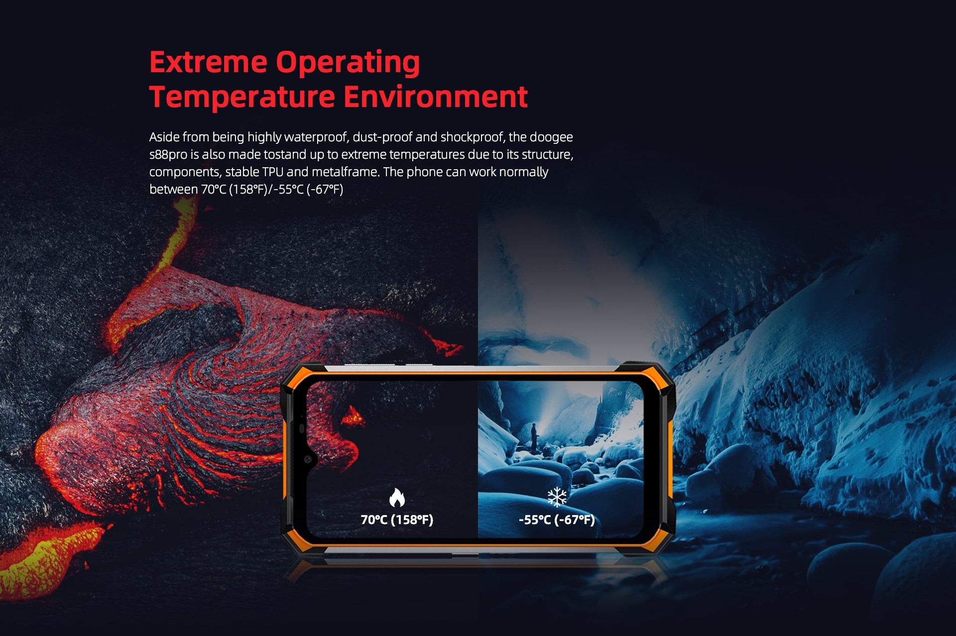 #DoogeeS88Pro In the most extreme conditions, #ExtremeTemperatures between -55 "C and around +70"C Do you want to see the video about it? 