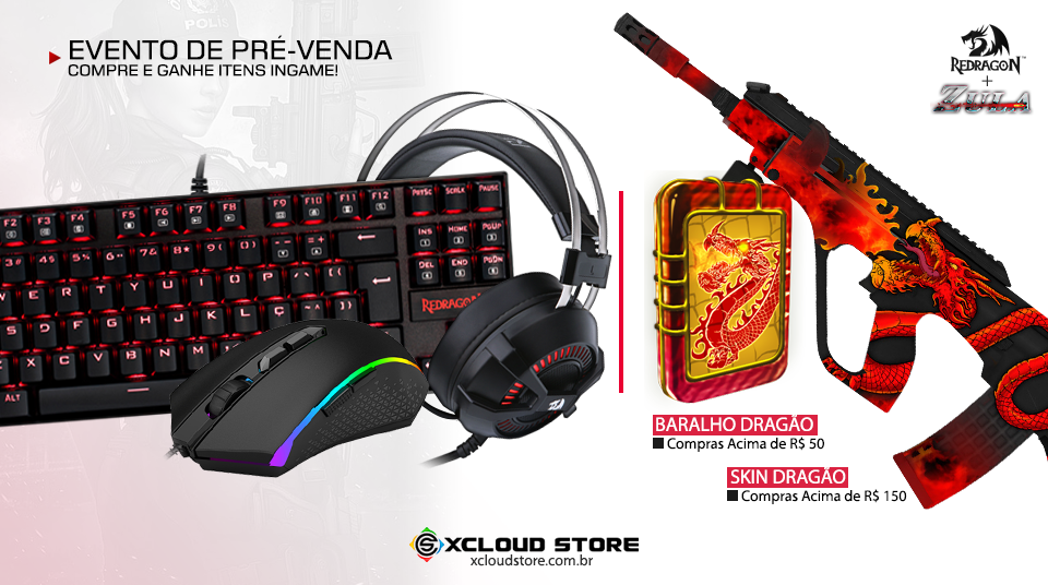 Novidade na área! Por um tempo limitado, compra de produtos Redragon feitas na Loja Xcloud darão Baralhos e Armas da linha Dragon no game Zula Brasil! 😮 A regra é simples: compras acima de R$ 50 ganham 1 Baralho Dragão - enquanto compras acima de R$ 150 ganham uma arma Dragão à livre escolha! Aproveitem pois o evento fica por tempo limitado ;)... Compre pelo Link: https://www.tomtop.com/brands-roxi-1084/?aid=sqttseo 👈