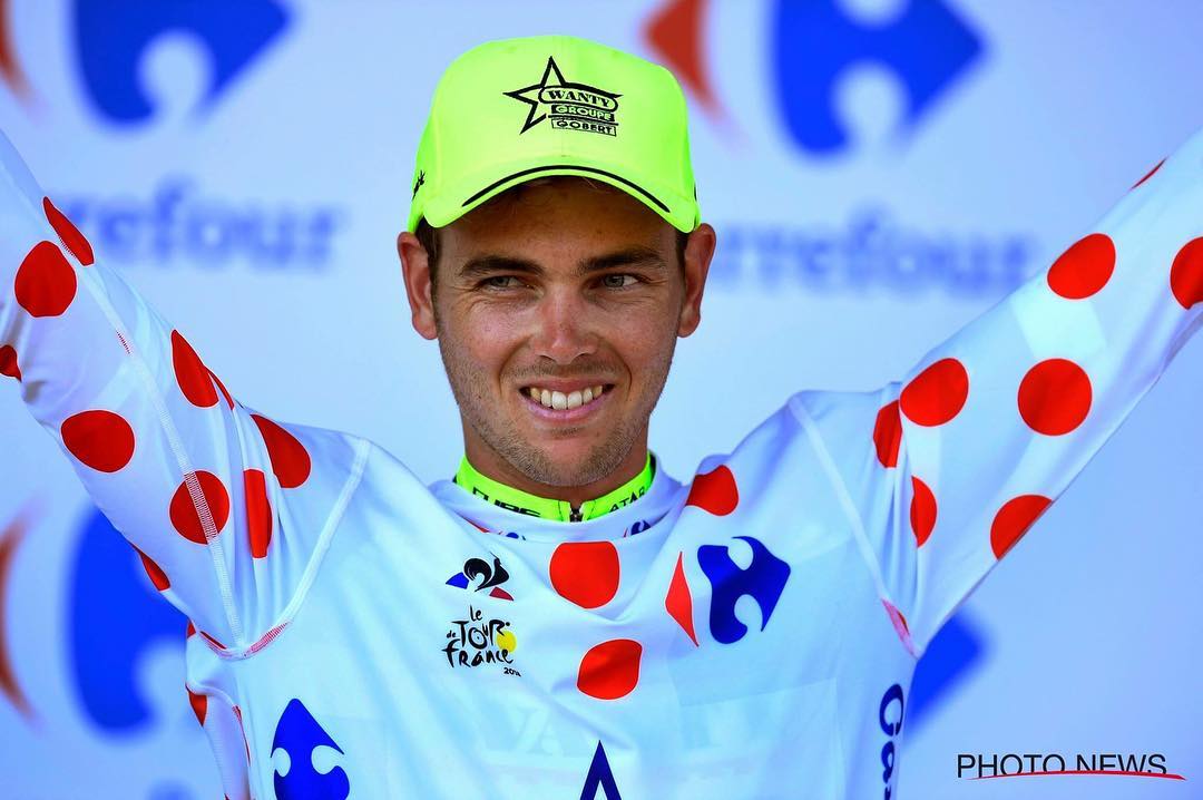 Great news from Santic partner @teamwantygobert again, the first ever leader jersey for the team, beautiful polka dots, jobs well done lads!