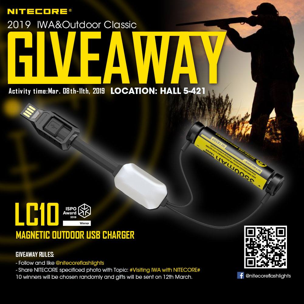 🔥NITECORE GIVEAWAY🔥 💢Win the magnetic USB charger LC10 From Mar 8th-11th,We will post the SPECIFICED PHOTO about the scene of 2019 IWA.Plenty of new products will be shown up💥💥stay with us😀... RULES: