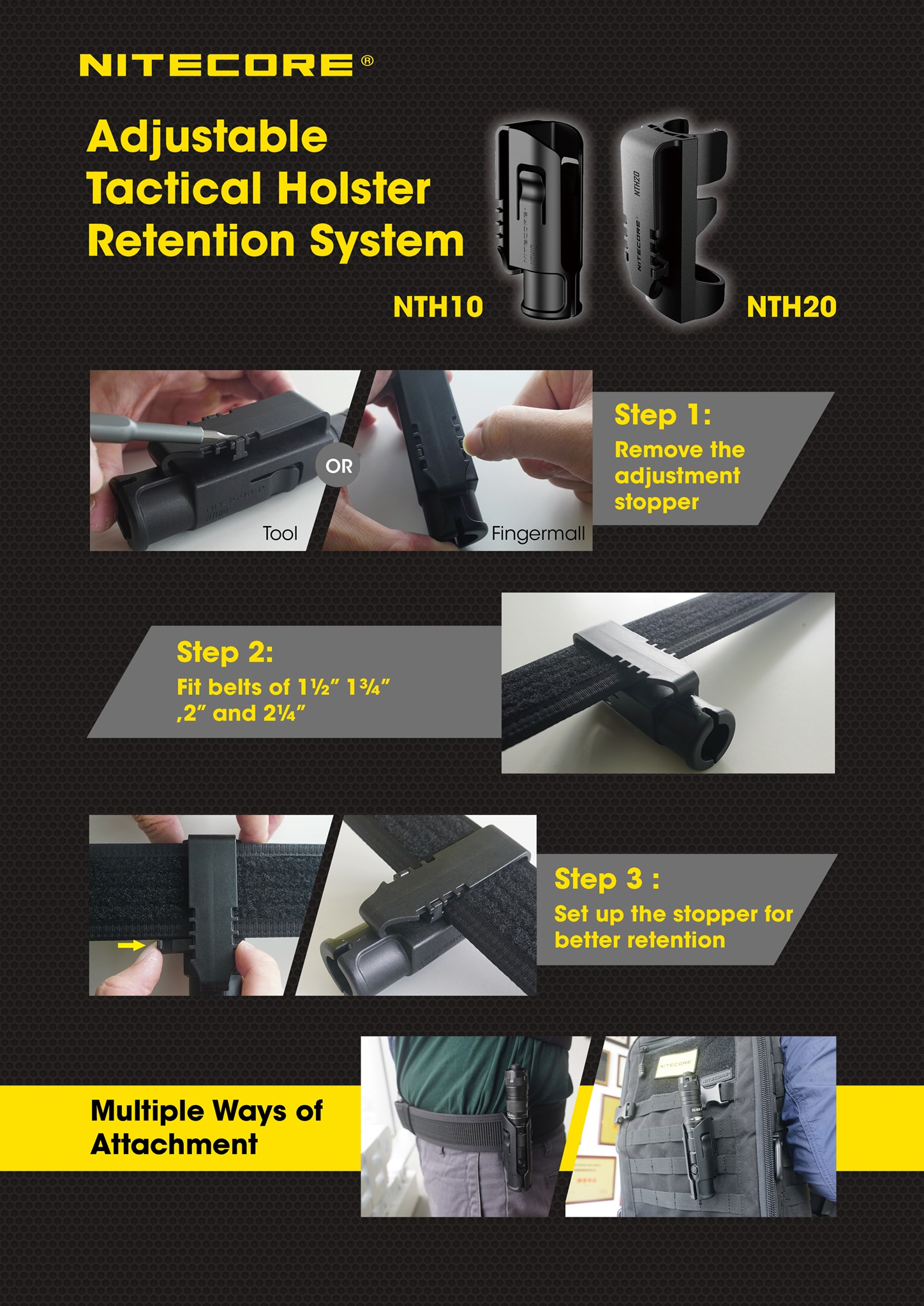 Considering to fit your different belt size, NTH10 and NTH20 provide you the adjustable retention system to better secure your lights.