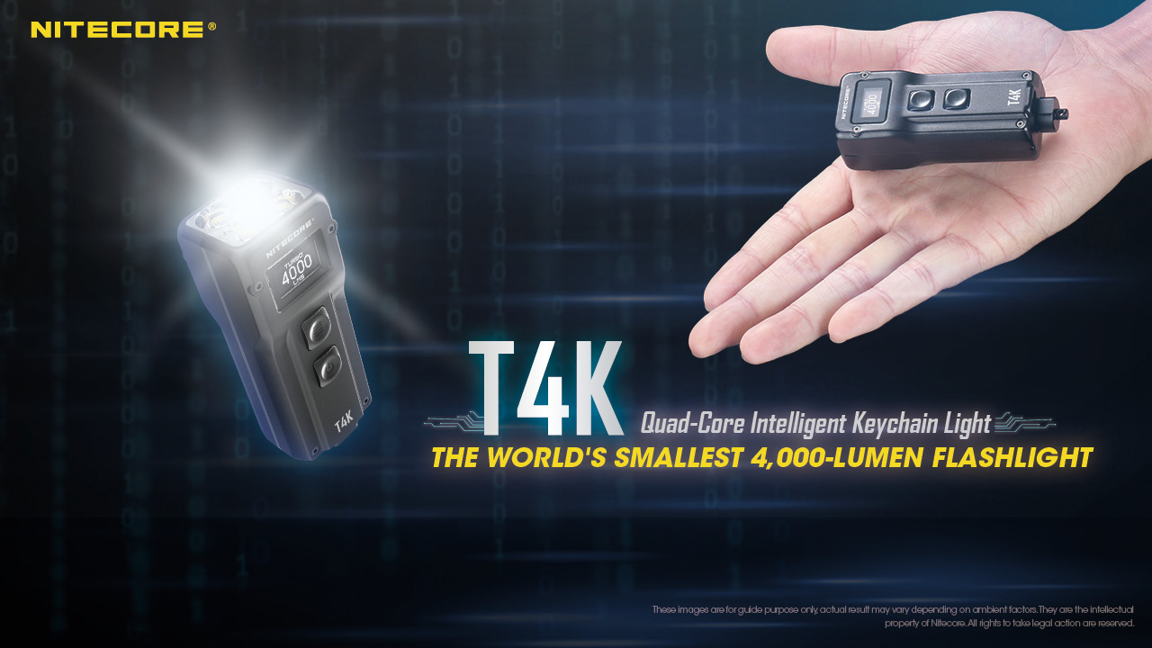 Introducing the world's smallest 4,000-lumen flashlight, T4K! With a max output of 4,000 lumens, the T4K is a USB-C rechargeable Quad-Core Intelligent Keychain Light equipped with a multifunctional OLED real-time display as your best EDC choice.