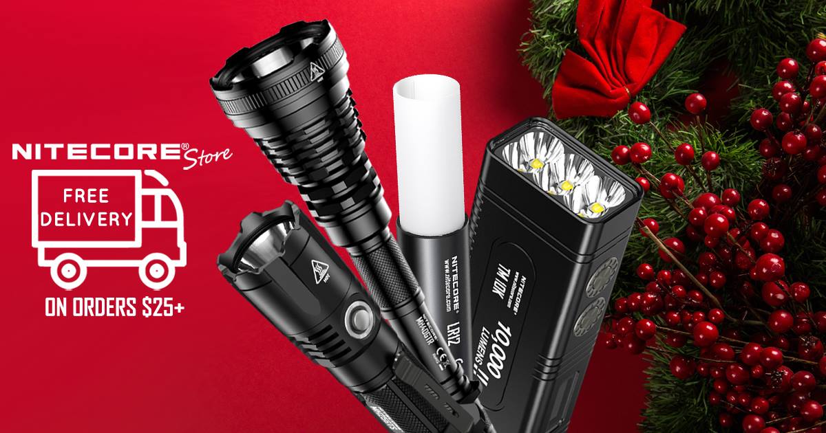 Did you know NITECORE Store offers FREE U.S. shipping on all orders over $25?  For the outdoor-loving, DIY'er, prepper, flashlight junkie on your shopping list, NITECORE flashlights, headlamps and lanterns are ready to light up the holidays.