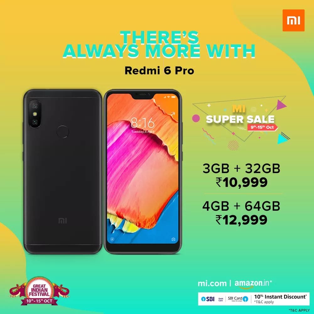 Everything you need and a little more! Buy now to avail 10% instant bank discount* on Redmi 6 Pro in Amazon India's #GreatIndianFestival sale.