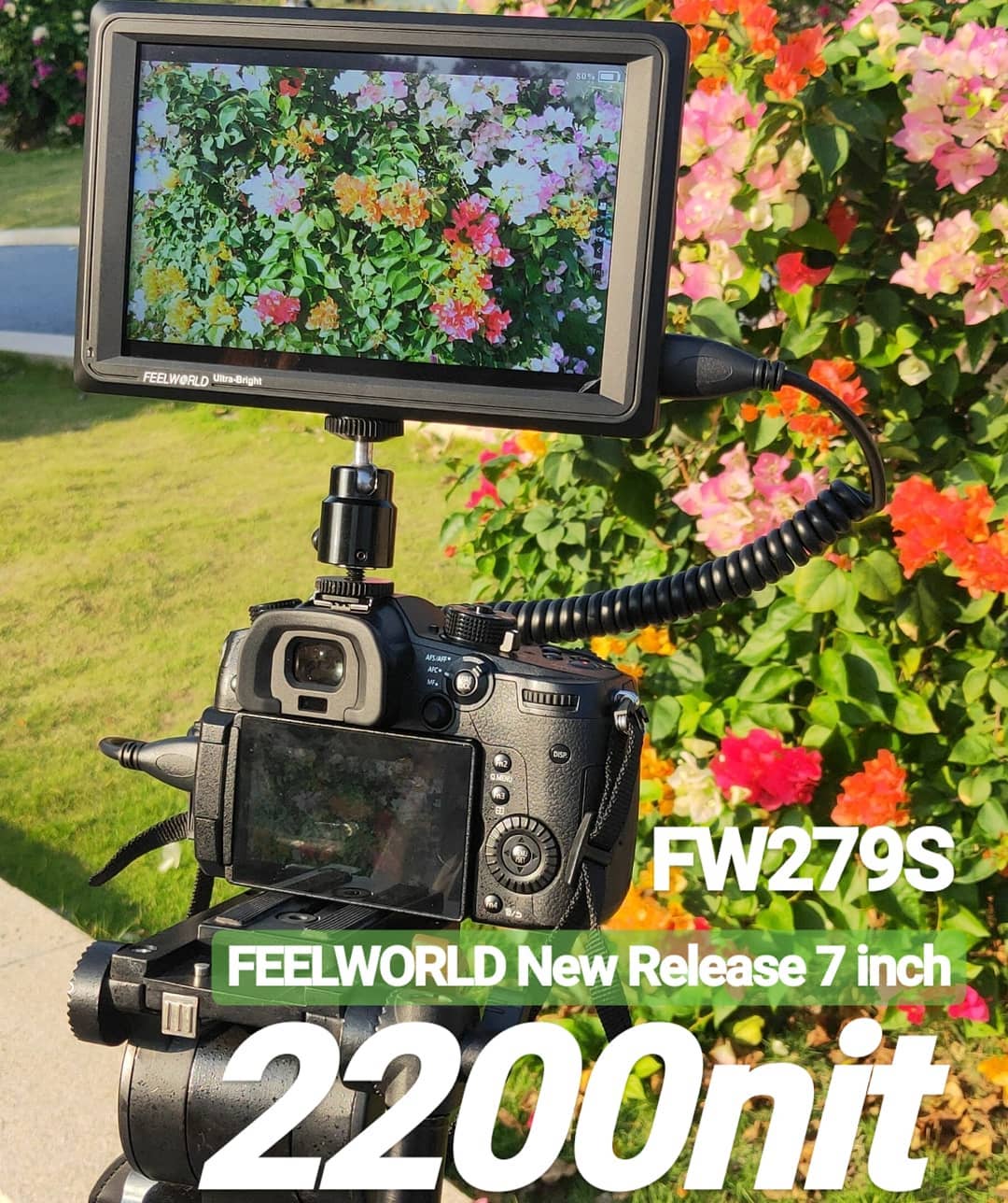 FEELWORLD New Release $339 usd the FW279S 7inch 2200 nit daylight viewable monitor with a full HD display that is capable of receiving 4K signals via hdmi input. In this short video we put it to the test in direct sunlight compared to the FW760 450nit. .