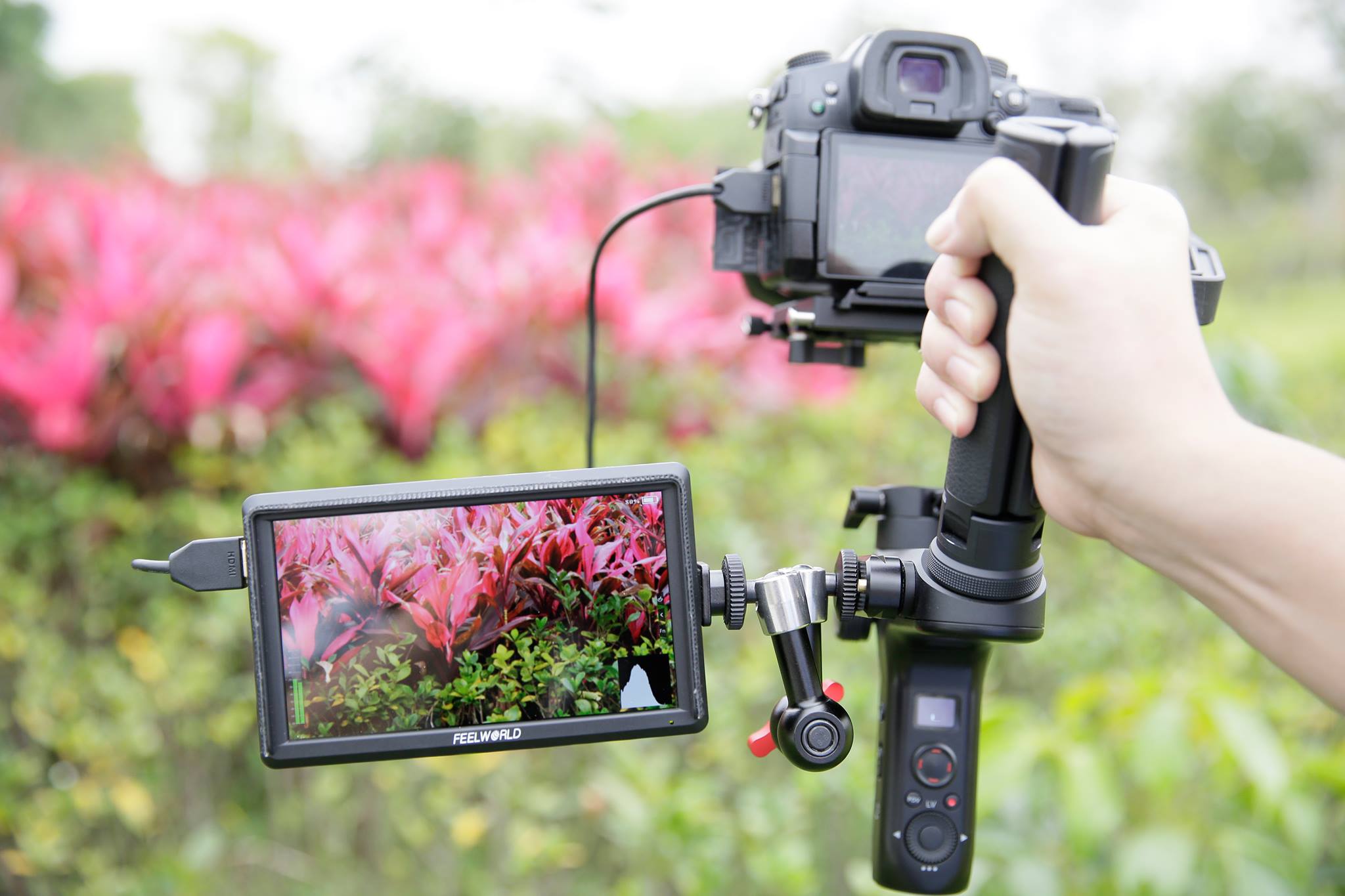 When you do filmmaking and videos and having this little field monitor on you gimbal to allow you to view with full hd screen and make sure your subjects are in focus is really something you need for the longest time.  Every filmmaker/content creator should at least have something like this in your gear bag. Portable lightweight setup: