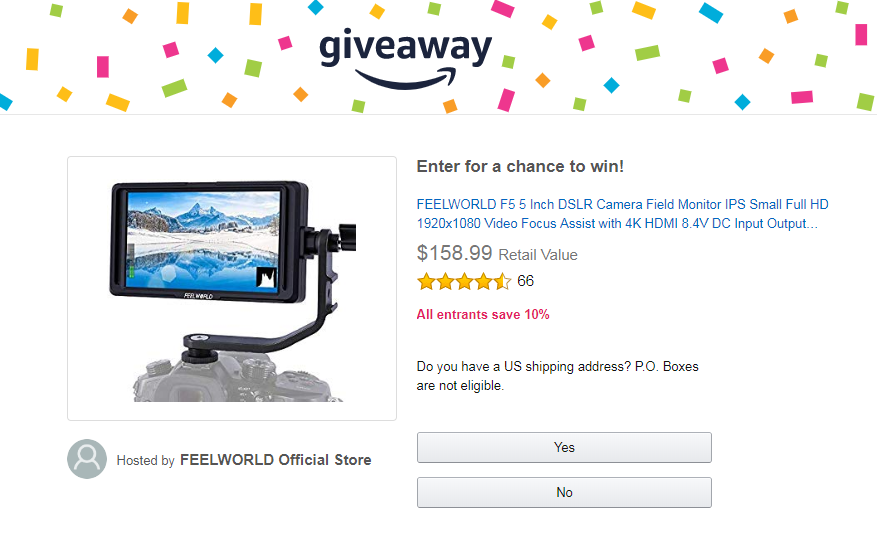 We hosted giveaway FEELWORLD F5 5'' field monitor at amazon US.