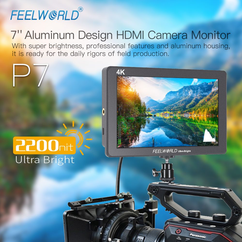 FEELWORLD P7 full HD 💫ALUMINUMON HOUSING💫camera field monitor with 2200 nits this is a very very bright monitor and  it's great for using out in daylight.  Which makes you easier to nail the focus and see all the details in your shot. 