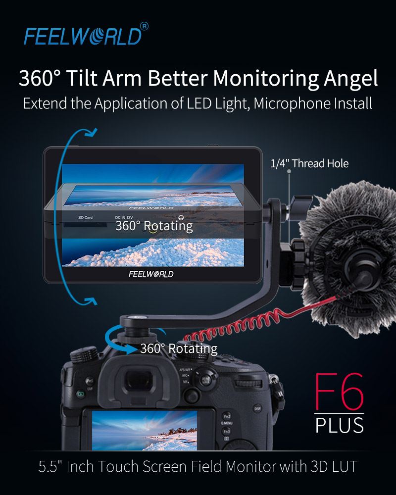 Every FEELWORLD F6 PLUS 5.5’’ 3D Lut touchscreen monitor will ship with a cold shoe mounted Tilt Arm. Shooters will have a secure way to position their monitor while maintaining a low profile.