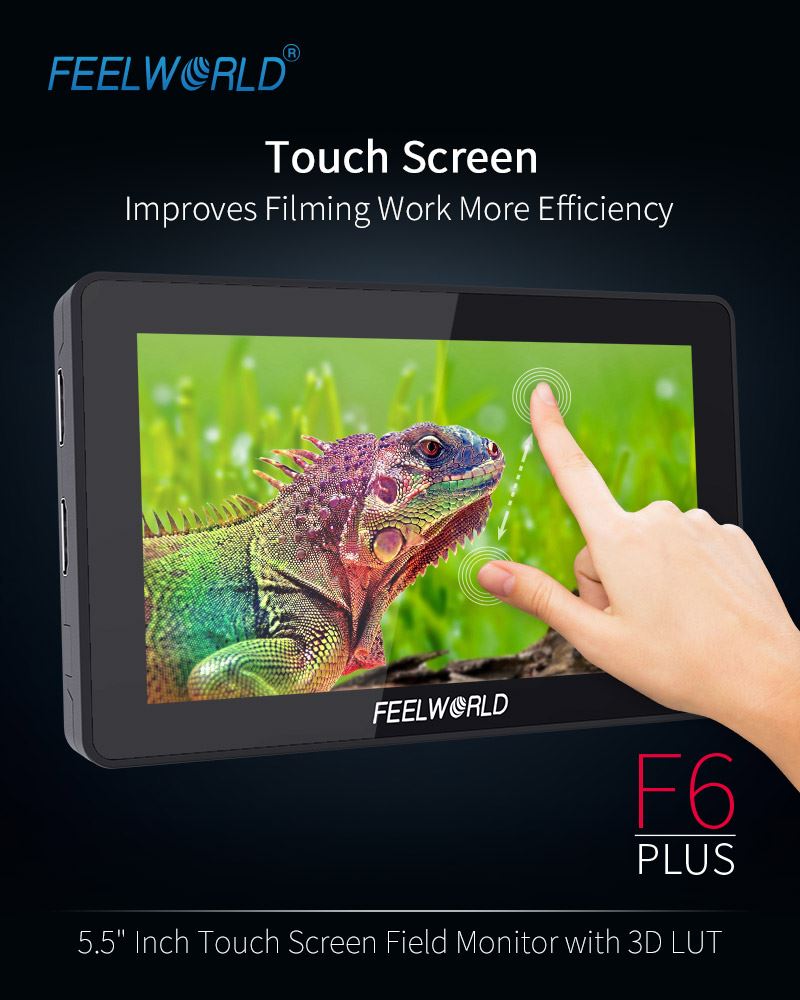 FEELWORLD new release F6 PLUS 5.5’’ monitor features touchscreen control, 1080p resolution, HDMI input and output, a SD slot to load 3D luts, and supports up to UHD 4K input.  All of the functions are at your fingertip, easy to access everything by touching. Improves your filming work more efficiency. Follow Feelworld...