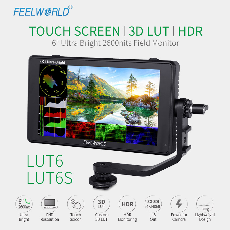 FEELWORLD new release LUT6 / LUT6S 6" Ultra Bright 2600nit Touch Screen HDR Monitor, viewable in directly sunlight. With waveform, custom load 3D LUTs. Portable size and lightweight ideal for run and gun gimbal setup. LUT6S (with SDI) 389.99USD