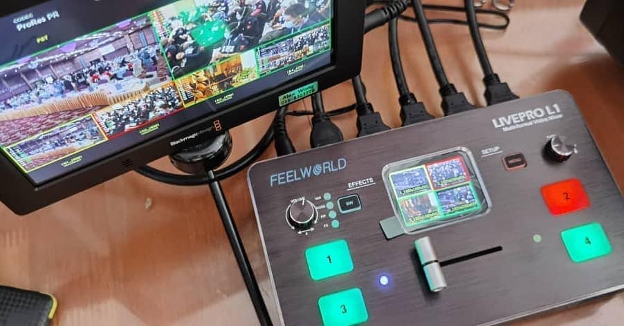 FEELWORLD LivePro L1 Multi-format Video Mixer. Build in screen easy preview the camera signal. ...