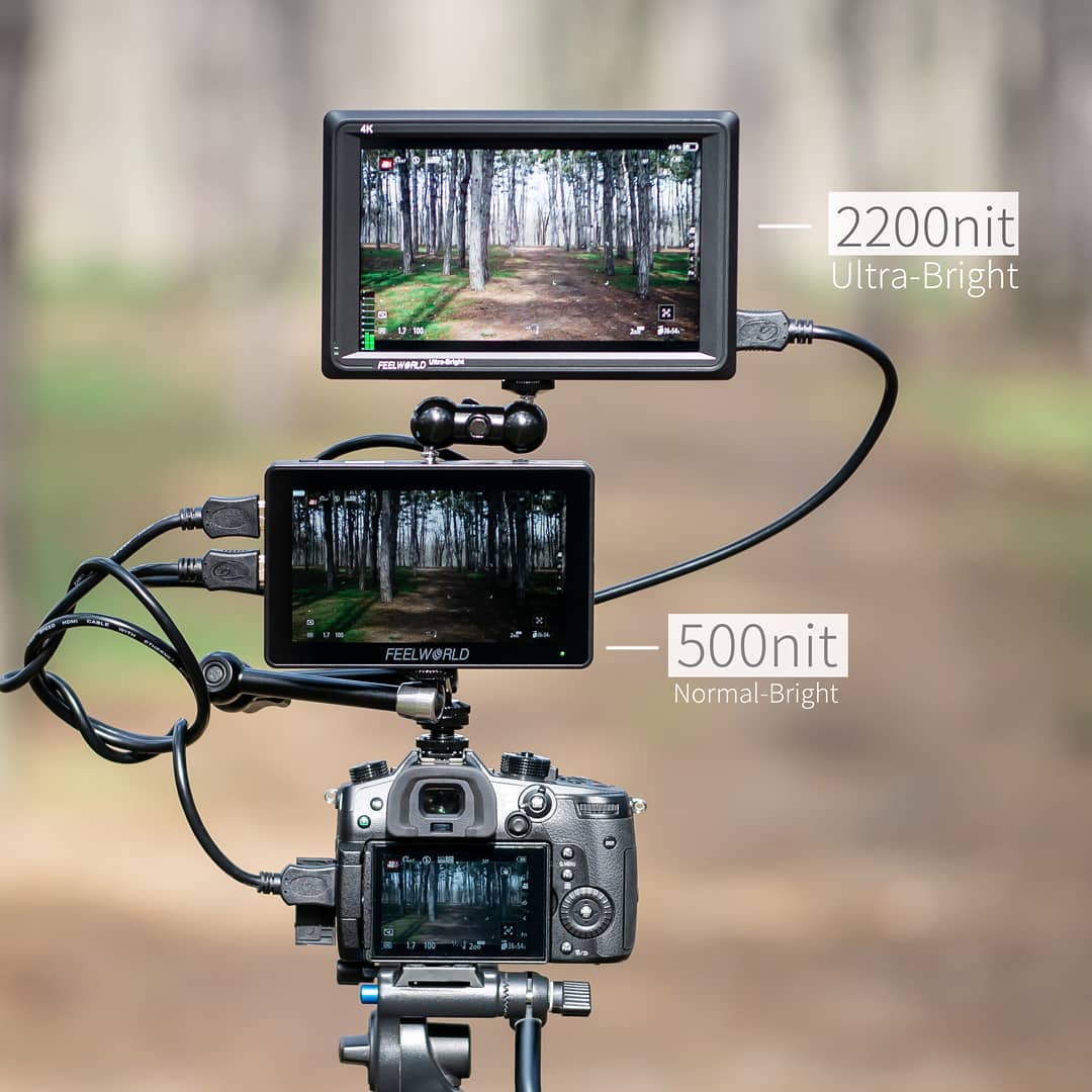 🙌 To clear show FEELWORLD FW279 7" 2200nit field monitor compare with 500nit monitor and camera built-in screen, help you are able to filming at outdoor bright daylight without the need for monitor hood.  FEELWORLD FW279 super bright, great image quality is big help for monitoring what you are filming in the field, focus easier and exposed with confidence. ....