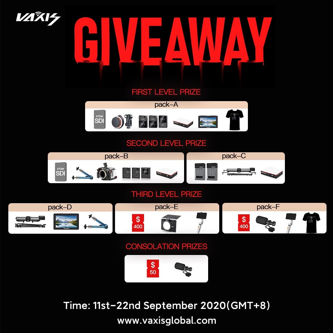 #GIVEAWAY TIME  We are teamed up with some amazing brands in the filmmaking industry to give away the lastest/fashionable filmmaking products.  Head over to Vaxis Entry to giveaway get chance to win.... Six #Prizepacks and some Vaxis consolation prizes！