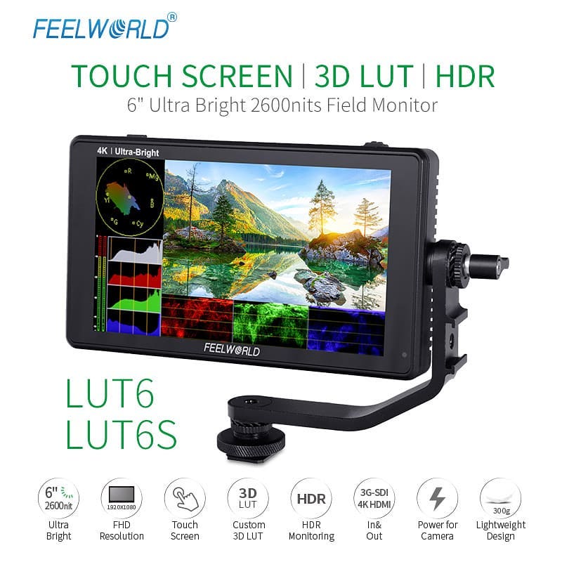 FEELWORLD new release LU6 / LUT6S  6" Ultra Bright 2600nit Touch Screen  HDR Monitor, viewable in directly sunlight.  With waveform, custom load 3D LUTs. Portable size  and lightweight ideal for run and gun gimbal setup.  LUT6S (with SDI) 389.99USD