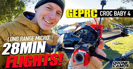 28 min flights!  Fantastic !!!GEPRC Crocodile Baby 4″ HD Micro Long Range quadcopter.