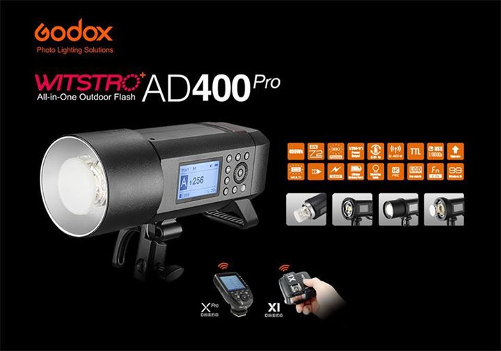 Godox AD400Pro All-in-One outdoor flash has 400Ws strong power, 0.01s~1s recycle time, 12 continuous flashes in 1/16 power output, 30W LED modeling lamp, 390 full power pops, stable color temperature;