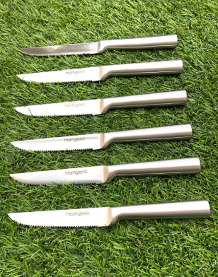 #Homgeek 6-Piece Stainless Steel Steak Knife Set is forged for better strength and durability, hard enough to use for long life. It is perfect serving tools for any occasion like a party or dinner table.