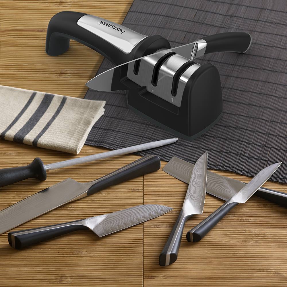 #Homgeek Knife Sharpener features of ergonomic handle designed, lightweight yet good quality, anti-skid design at the bottom, works on most knives (kitchen knives, fruit knives, cleaver, etc)