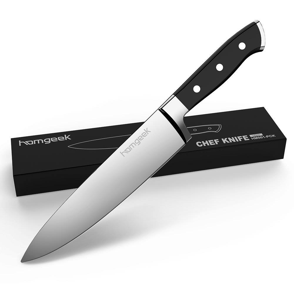 #Homgeek ABS Handle Germany Steel Chef Knife is sharp,  light and well balanced. And the top edge of the blade and handle are straight and in line, so helpful for scraping food from the board.