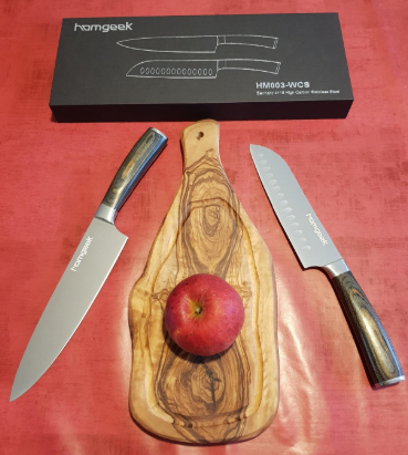 #Homgeek 2 Piece Germany Steel Chef Knife & Santoku Knife Set is very sharp and solid. Long and thick handle that fits perfectly in hand. It is also a very nice gift.