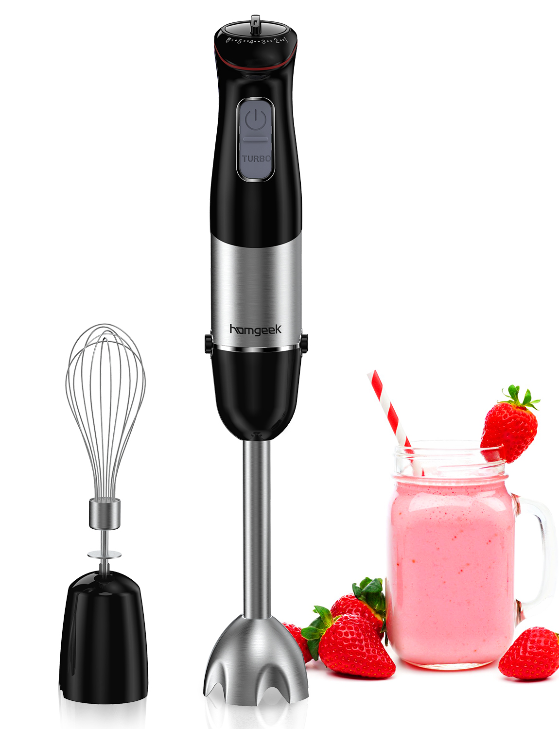 Homgeek 2 In 1 Multi-purpose Immersion Hand Blender with Whisk Attachment (BPA-free), 500w powerful with 6-Speed + Turbo Function.  Great for Hot Soup, Sauces, Juices, Smoothies, Puree Infant Food. Really an excellent helper for you!